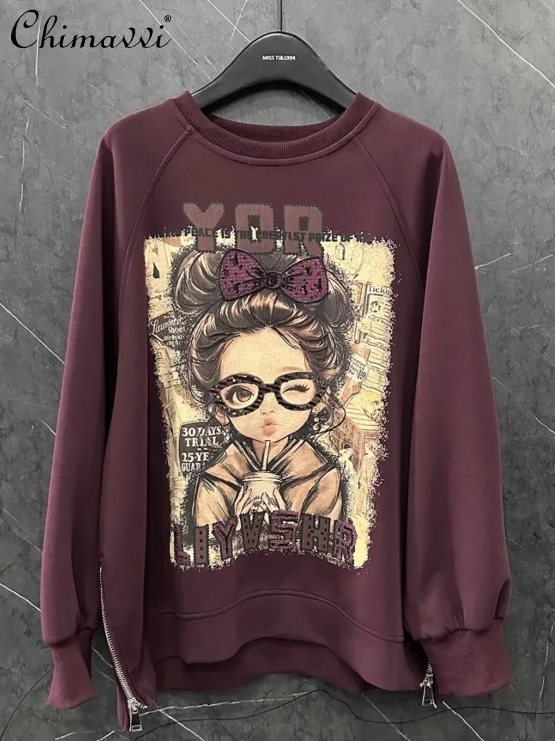 2024 Autumn New Heavy Industry Printing Cartoon Loose Fashion Design Sense Long Sleeve Top Crew Neck Sweater For Women