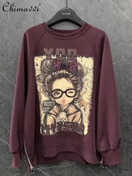 2024 Autumn New Heavy Industry Printing Cartoon Loose Fashion Design Sense Long Sleeve Top Crew Neck Sweater For Women