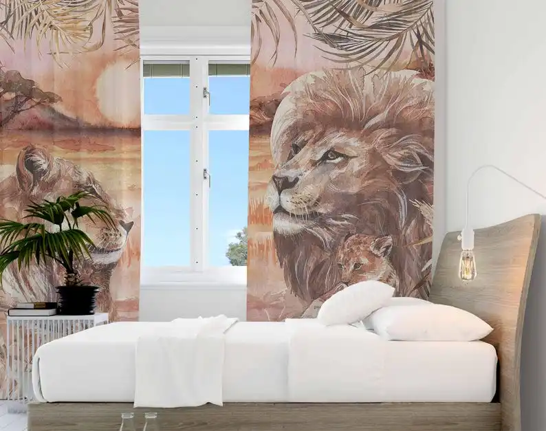 Lion Family Nursery Curtain Safari Kids Bedroom Curtains Black Out Nursery Decor Baby Room Curtains Bedroom Living Room Curtains