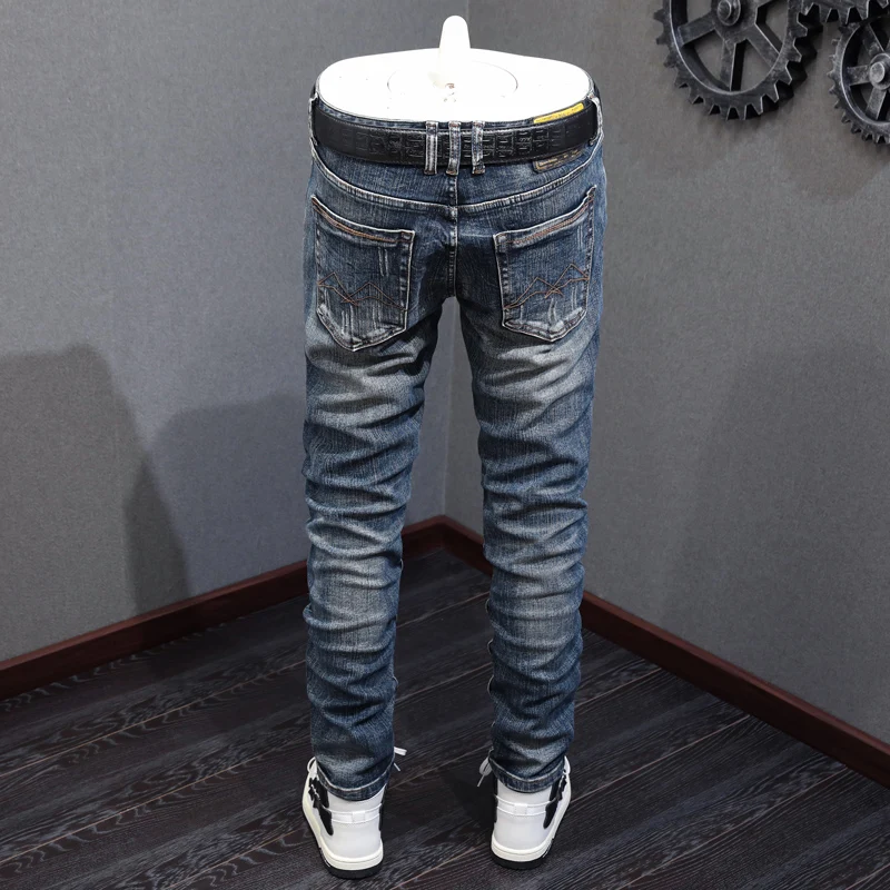 Fashion Designer Men Jeans High Quality Retro Blue Elastic Slim Fit Ripped Jeans Men Italian Style Vintage Denim Pants Hombre