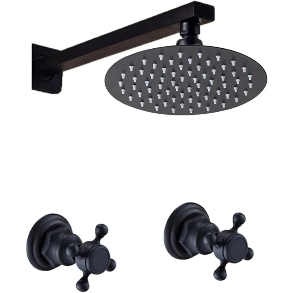 Rain Shower Head Cold & Hot Faucet Mixer Tap Set Round Shower Head Combo Rain Shower Mixer Valve Tap Wall Mount with 2 Handles