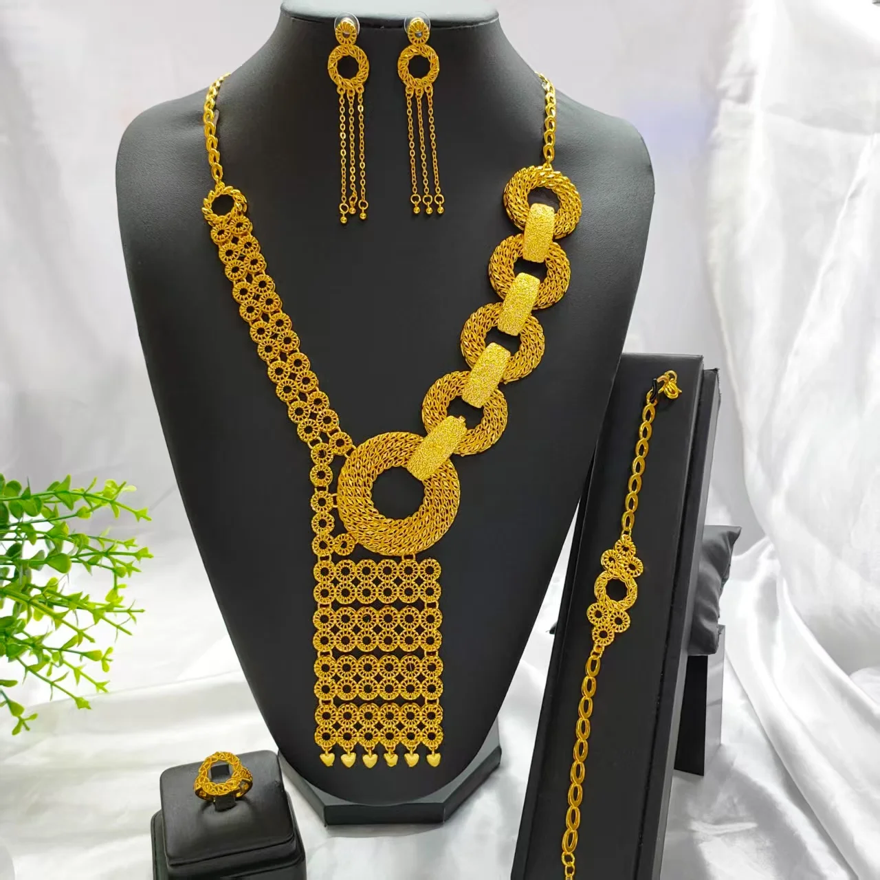 

Indian Dubai Gold Color Jewelry Set For Women Bridal Long Necklace Set Nigerian Choker Necklace Bracelet Earring Ring Sets