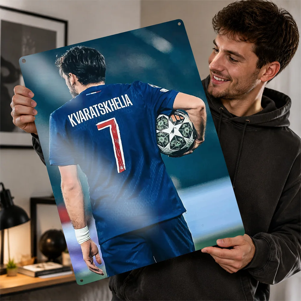 Football Player Kvaratskhelia With Ball Personalized 3D Textured Metal Poster Wall Art Tinplate Sign for Home Decoration Luxury