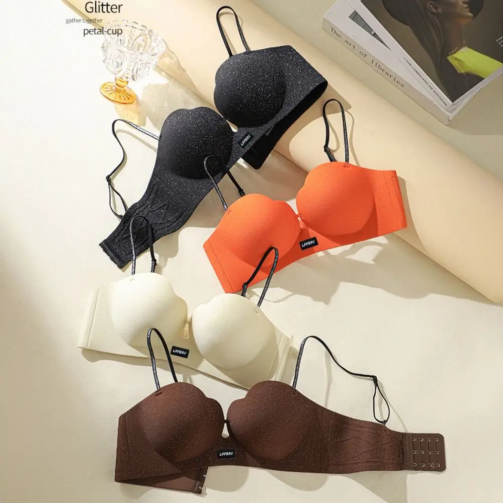 Soft Support Shiny Wireless Gather Bra Anti-Sagging Underwear Petal Cup Bra Lifting Deep V Push Up Bra Daily Wear