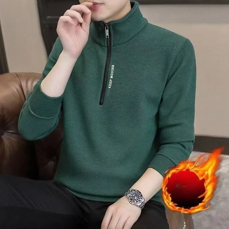 

2026 New Men's Knitwear Solid Color Chunky Half Zipper Thickening Sweater Warm Hoodie Fashion Luxury Clothing Turtleneck Vintage