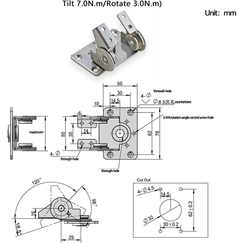 DT19-Dual Axes For Industrial Use 304 Stainless Steel Adjustable Positioning Rotating Tilting Torque Hinge