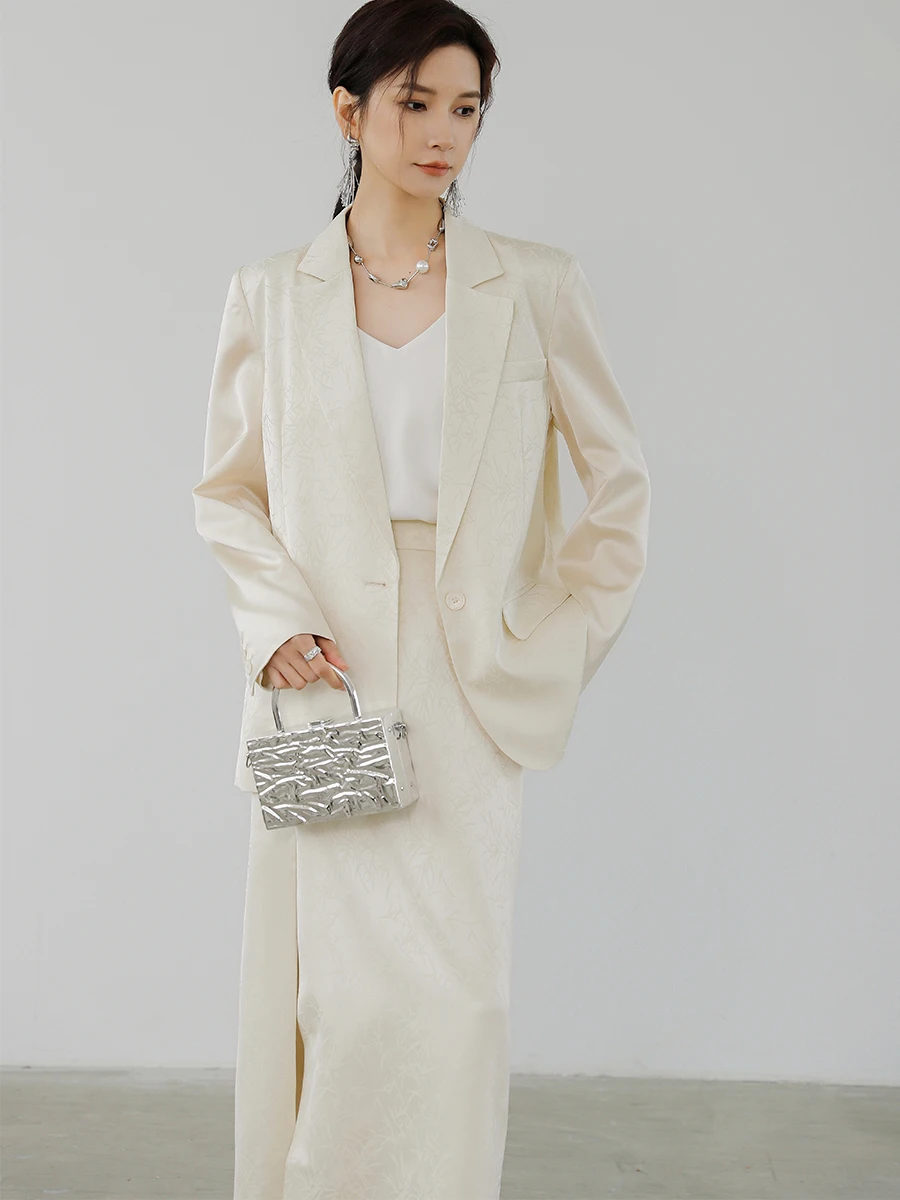 

Ele Satin Bamboo Le Pattern 3D Emed Suit Skirt Set Women's Spring Faion Retro Skirt Two-Piece Set