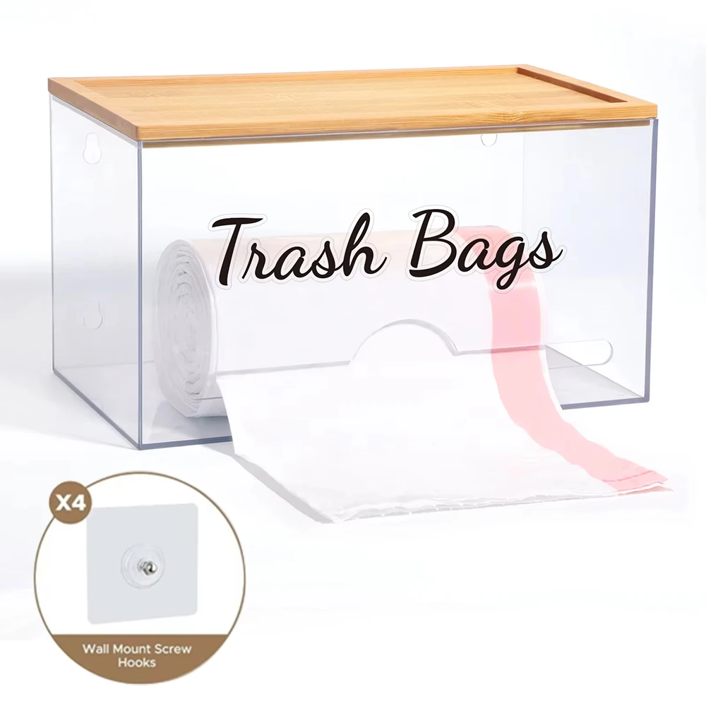 Wall mounted Trash Bag Dispenser With Bamboo Lid Garbage Bag Container Toilet Roll Paper Holder Desktop Kitchen Storage Box