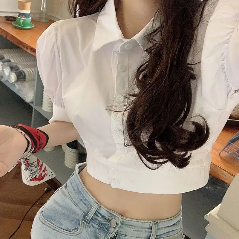 Korean Fashion Women\'s Shirt Summer Elegant Youth Blouses Clothes Preppy Puff Sleeve White Shirts Cropped Cute Top 2023