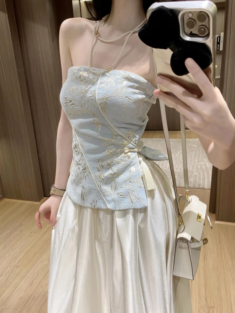 

Ethnic Style Summer 2026 New Sexy Clothes Elegant Strapless Top + Chic Long Skirt Suit Off Shoulder Design Party Two-piece Set