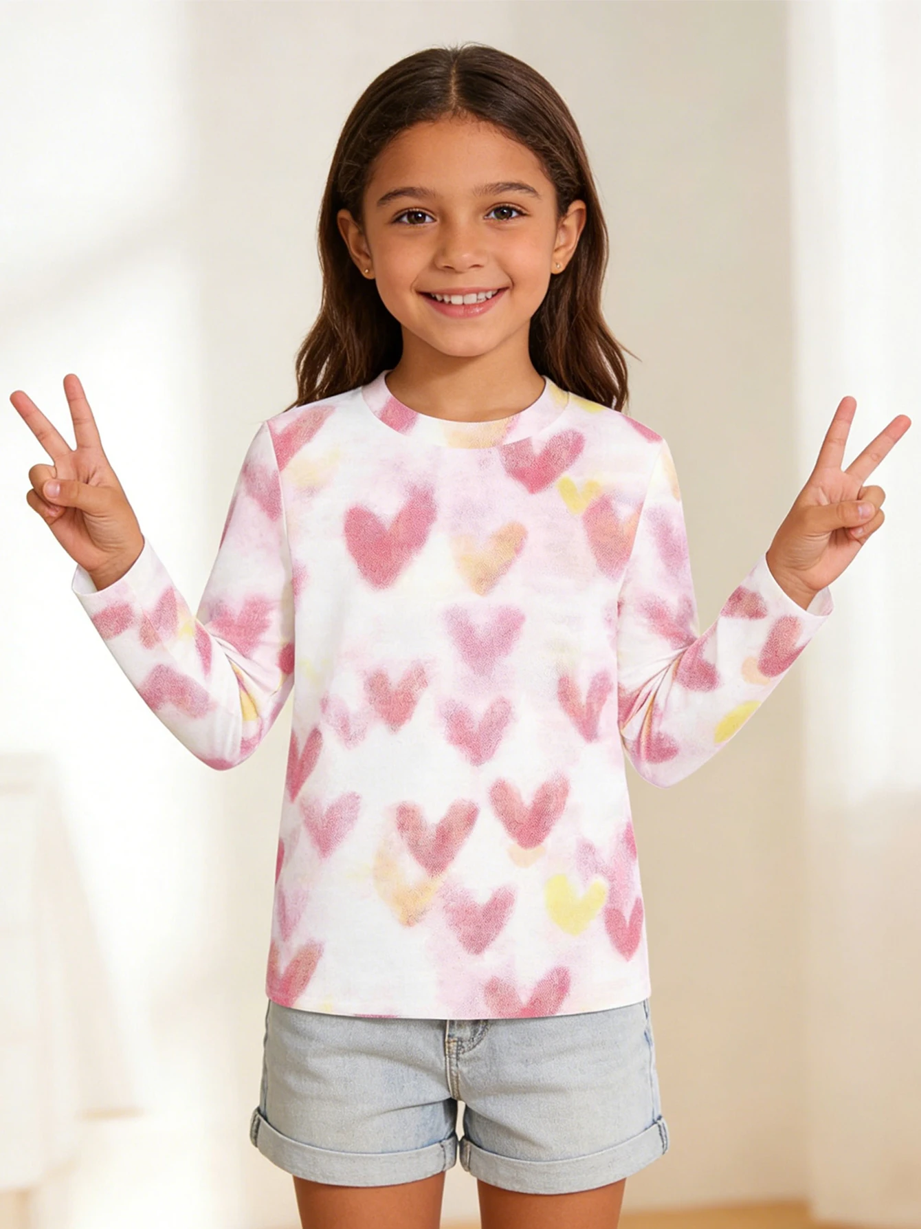 2026 Girls Pink White Yellow Tie-Dyed Love Full Print Long Sleeve T-Shirt