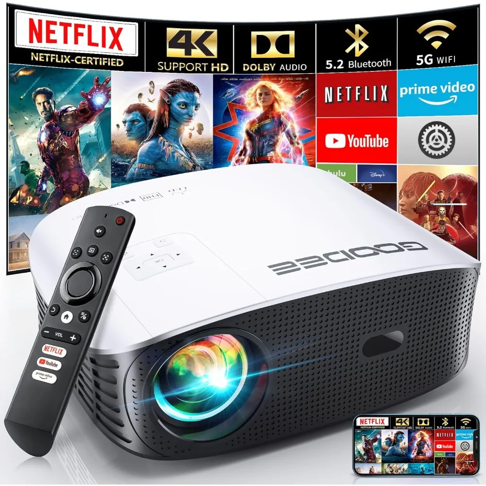 

Smart 4K Projector with 5G WIFI and Bluetooth, Netflix/Amazn Prime Video Certified, Dolby Audio, 800ANSI Outdoor Projector