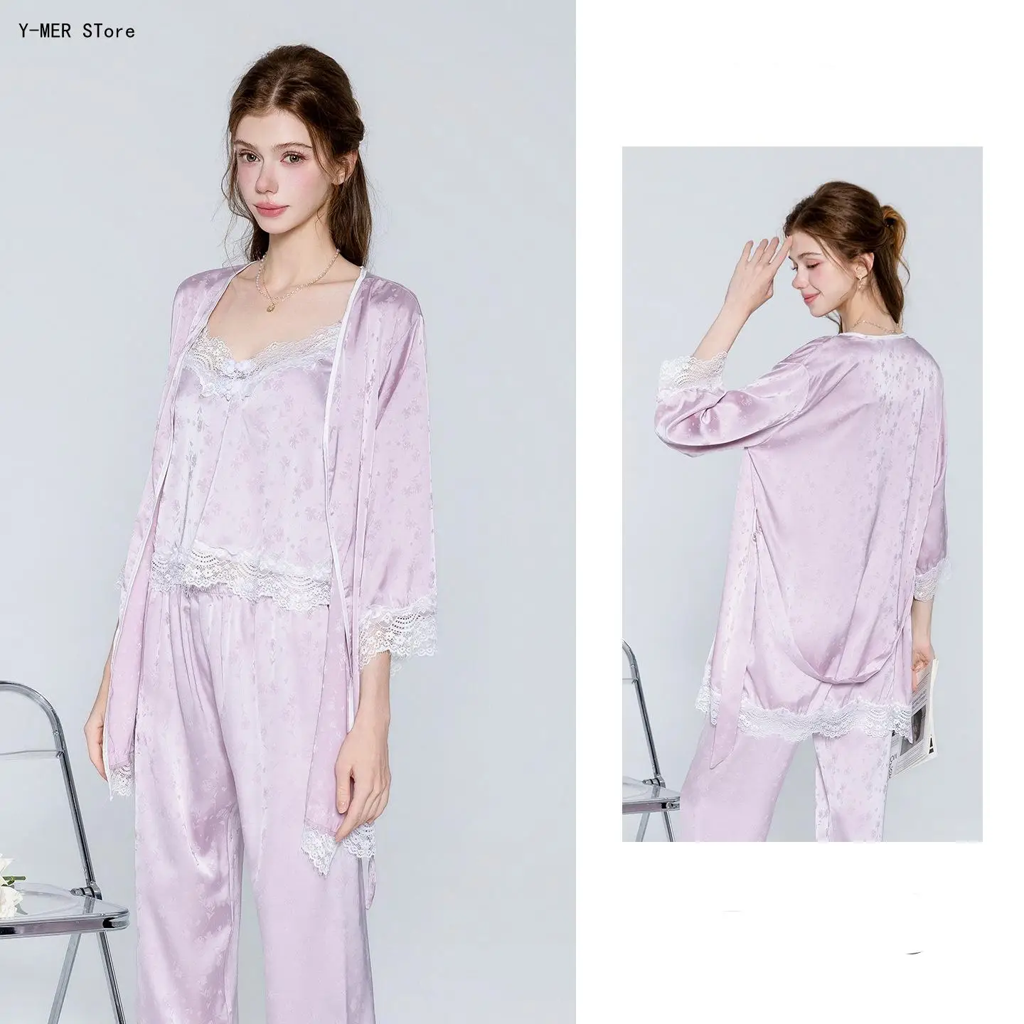 Women Chinese Style Pajama Set, Embossed Lace Patchwork Cami Top, Pants & Outer Robe, Elegant Soft Home Sleepwear Loungewear