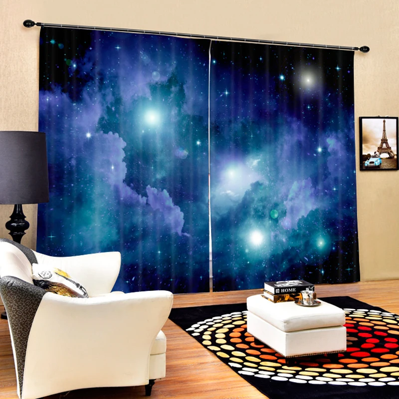 Modern Children Room 3D Blackout Window Curtains blue sky Cartoon Earth Space Galaxy Pattern Polyester Bedroom Curtains for Livi