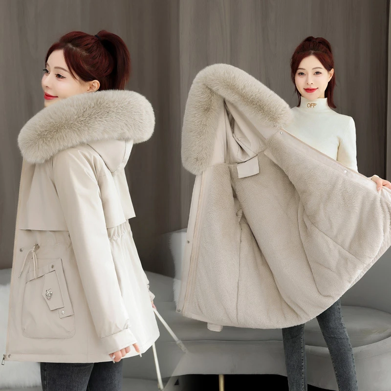Winter Halflange Vrouwen Parka Dikke Warme Katoenen Gewatteerde Jassen Capuchon Grote Bontkraag Zakken Slanke Trekkoord Uitloper JJ278