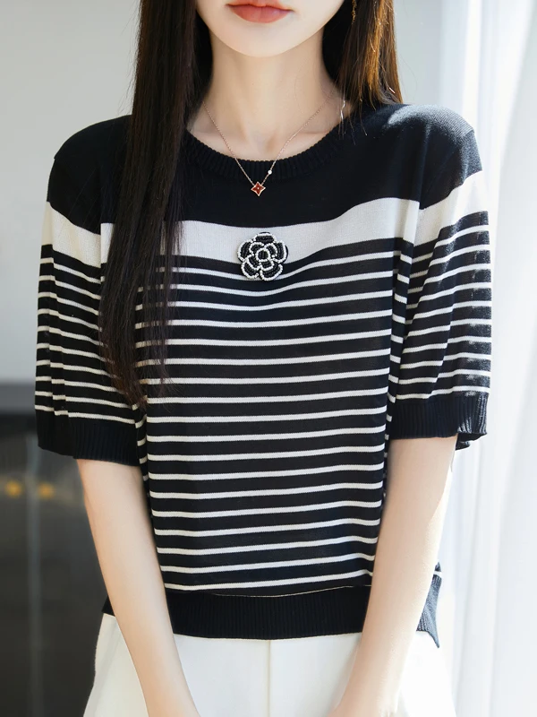 2025 verão listrado camisola de malha t feminino gelo seda flor miçangas moda solta topos malhas manga curta elegante jumpers