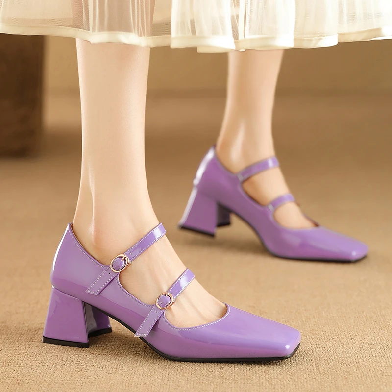 

Classics Patent Leather Two Buckle Strap Mary Jane Shoes Women Square Toe Chunky High Heels Shallow Lady Party Dress Pumps 47 48