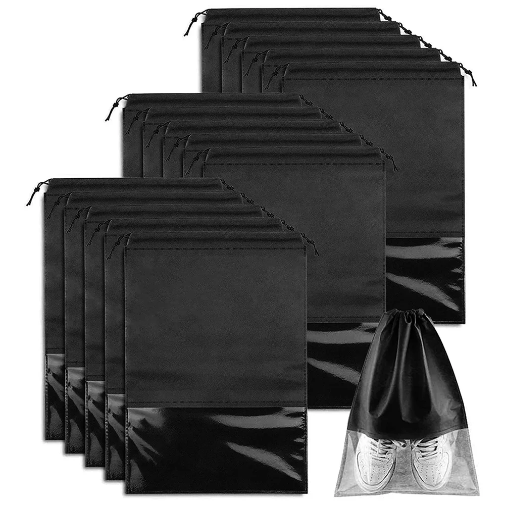 15 PCS Travel , Portable Drawstring Shoes Storage Bags Non-Woven Dust Proof Pouch Space Saving Organizer Black