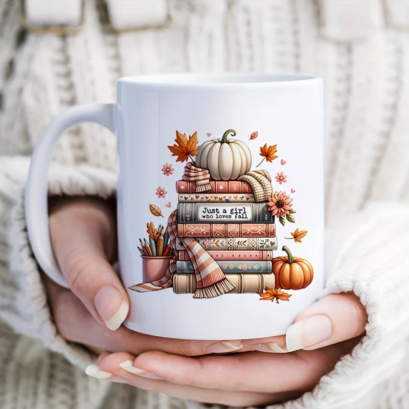 مجرد فتاة تحب كوب سيراميك الخريف - تصميم كتب الخريف والقرع، هدية مثالية لمحبي القهوة، هدية فريدة من نوعها