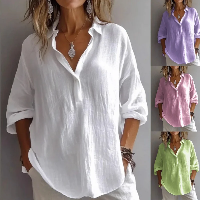 

Spot Delivery in Seconds European and American New Women's Clothes Shirt Solid Color Casual Loose Sleeve LinenVCollar Long
