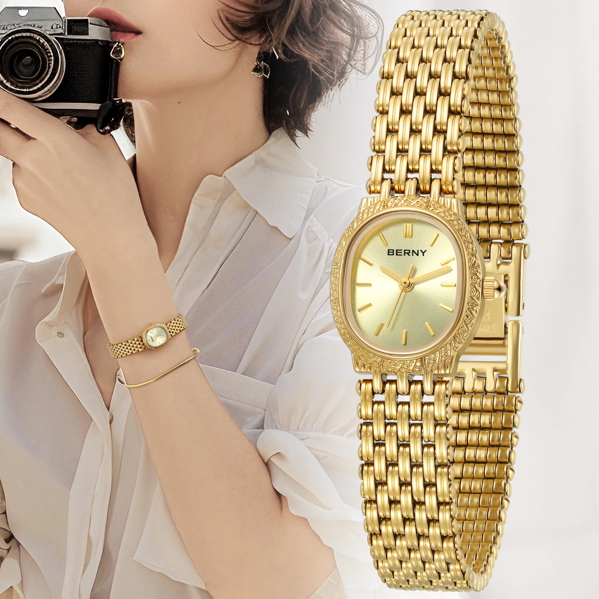 

BERNY Women Quartz Watch Gold Small Dial Wristwatch Luxury Elliptical Wristwatch Waterproof Simple Retro Dress Watch for Women