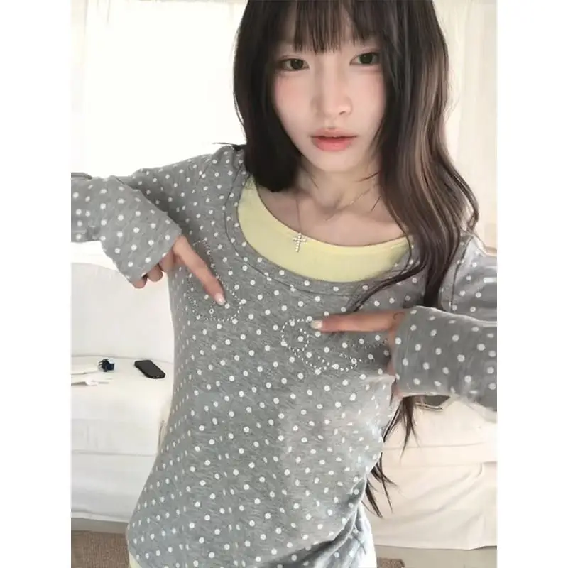 Deeptown Polka Dot Gray T-shirts Women Korean Style Sweet False Two-piece Tops Yellow Patchwork Casual Y2k Long Sleeve T-shirts view 3