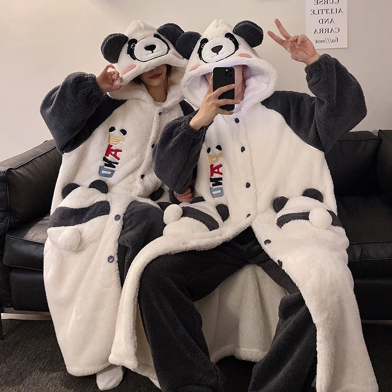 Kawaii Panda Winter Women Sleepwear Men Pajamas Robes Thicken Warm Plush Nightgown Fleece Loose Lovers  Hooded Soft Pijama