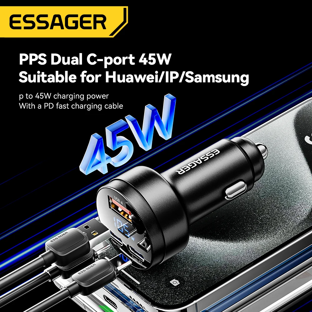 Essager 차량용 USB 충전기, 아이폰 14, 15, 샤오미 휴대폰용, 고속 충전 4.0, QC4.0, QC3.0, QC SCP PPS, PD, USB C 타입, 105W