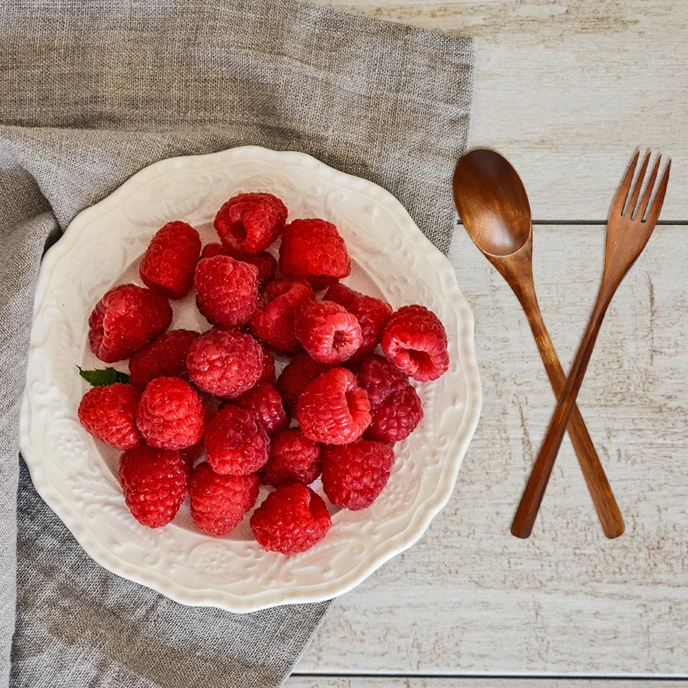 

2pcs Reusable Wooden Cutlery Set with Long Handle for Dessert Cake Coffee Tea Stirring Appetizer Salad Delicate Eating Forks