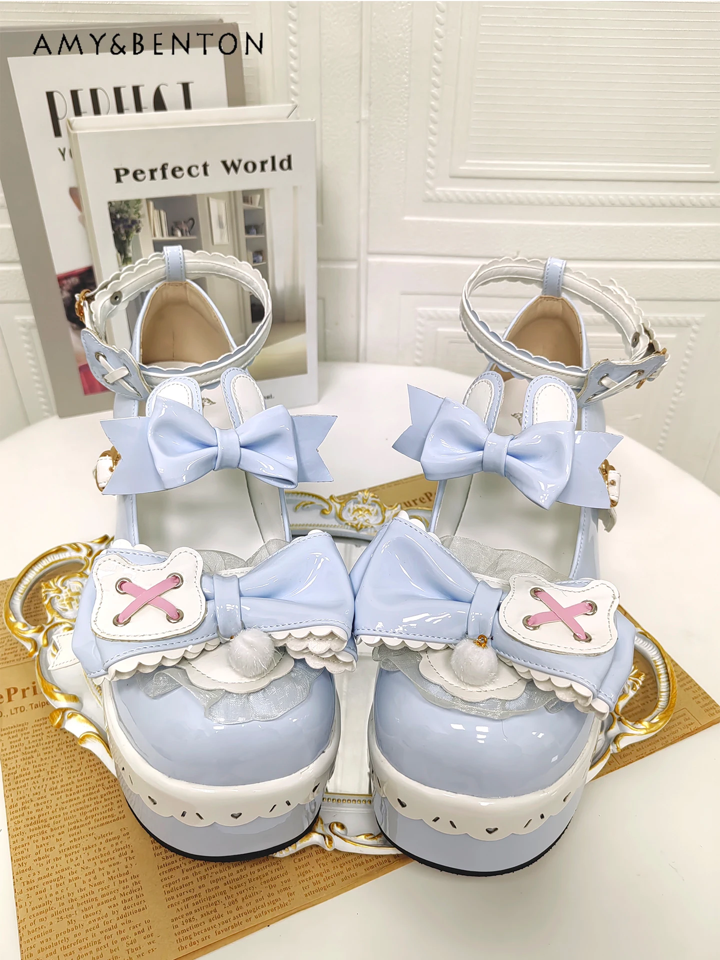 

Japanese Sweet Cute Bow Lolita Pu High Heels Mine Series Mass-Produced Round-Toe Thick-Soled Patchwork Mary Jane Shoes Women