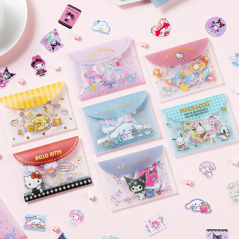 

40Pcs Sanrio Children Cartoon Stickers Set Cute Hello Kitty Cinnamoroll Pochacco Mymelody Kuromi Anime Sticker Pvc Storage Bag