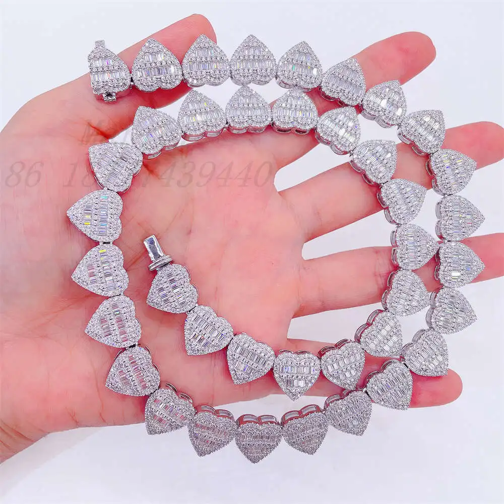 Luxury New Style Iced Out Heart Charms Choker Moissanite Diamond Heart Layer Cuban Link Diamond Luxury Chain Necklace.