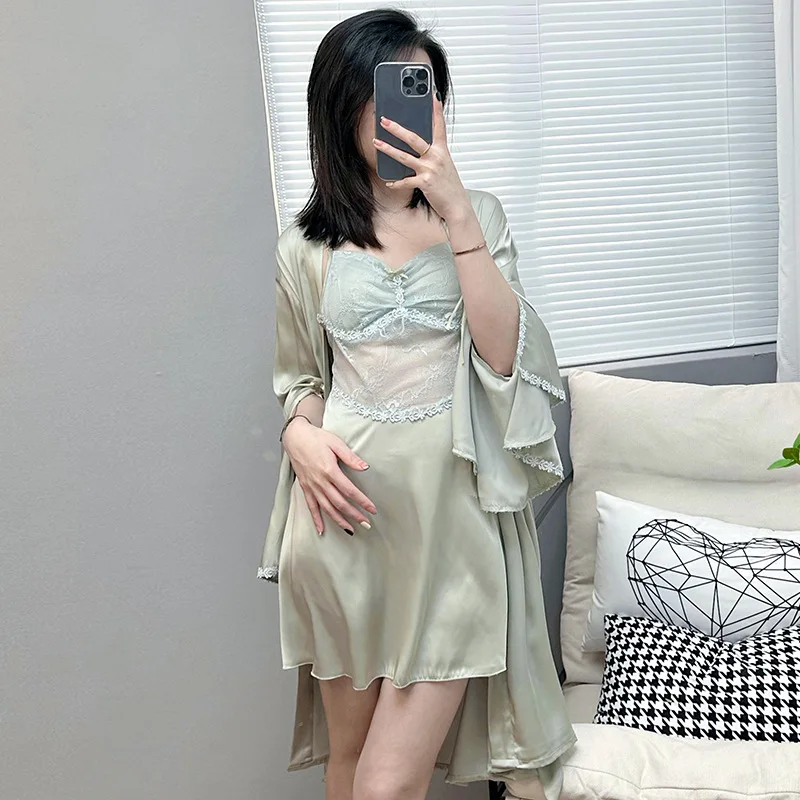 Women Satin Bride Kimono Bathrobe Gown Nightgown Summer Sexy Nightwear V-Neck Loungewear Sleepdress Lady Sleepwear With Chemise