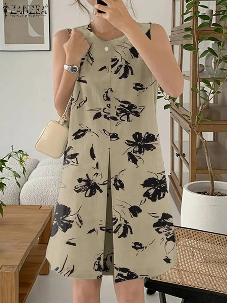 

ZANZEA 2024 Summer Printed Sleeveless Mini Vestidos Women Retro Dress Vintage Holiday Pleating Sundress Fashion Round Neck Robe