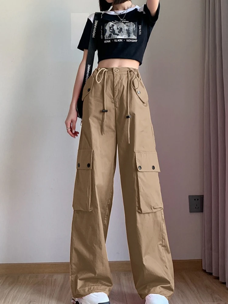 Women's summer new cargo pants American style retro multi pocket drawstring high waist casual quick drying sports pants