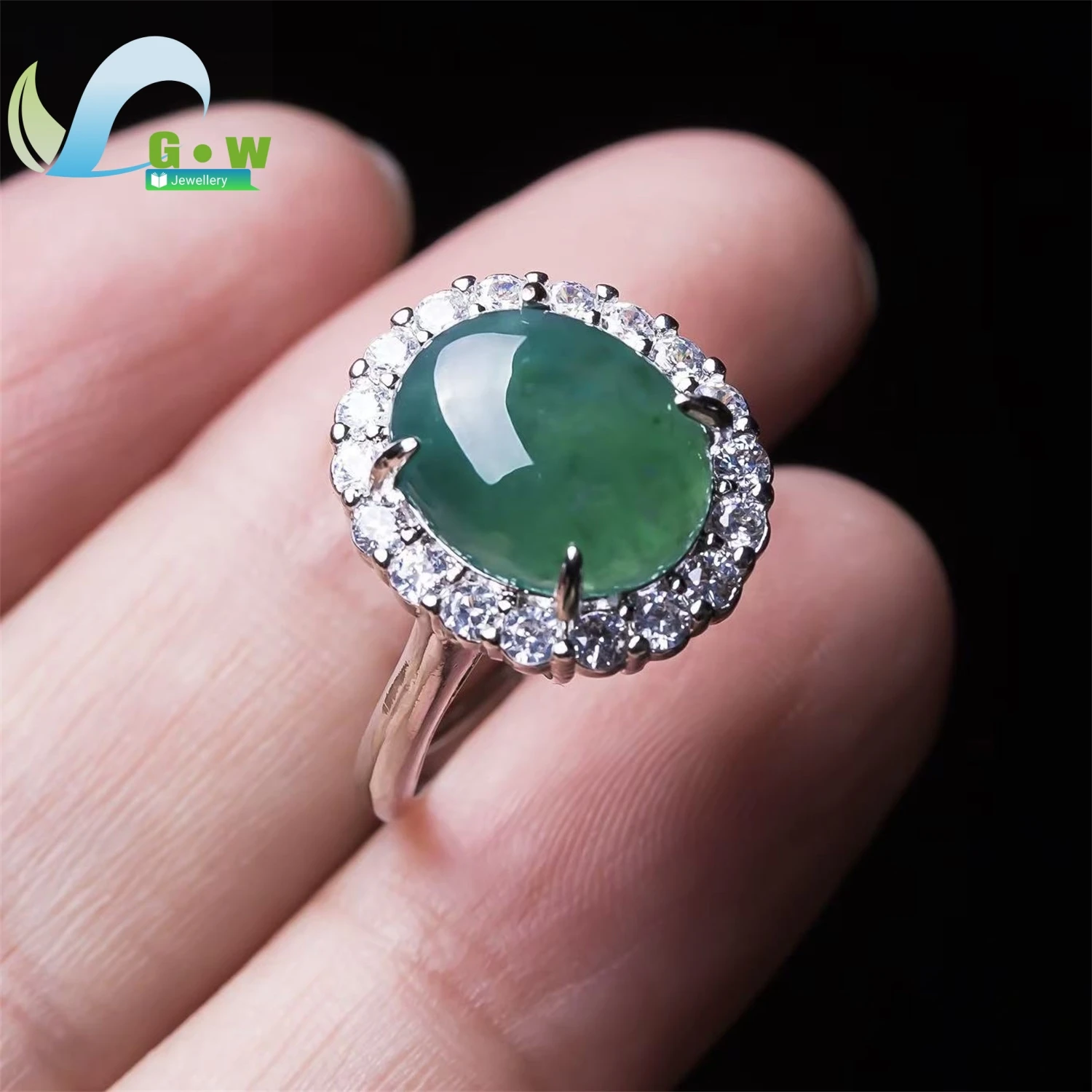 Natural A Grade Blue Water Jadeite Lake Green Ring Elegant Chunky Band Women's Exquisite Retro Ethnic Style Jewelry Gift