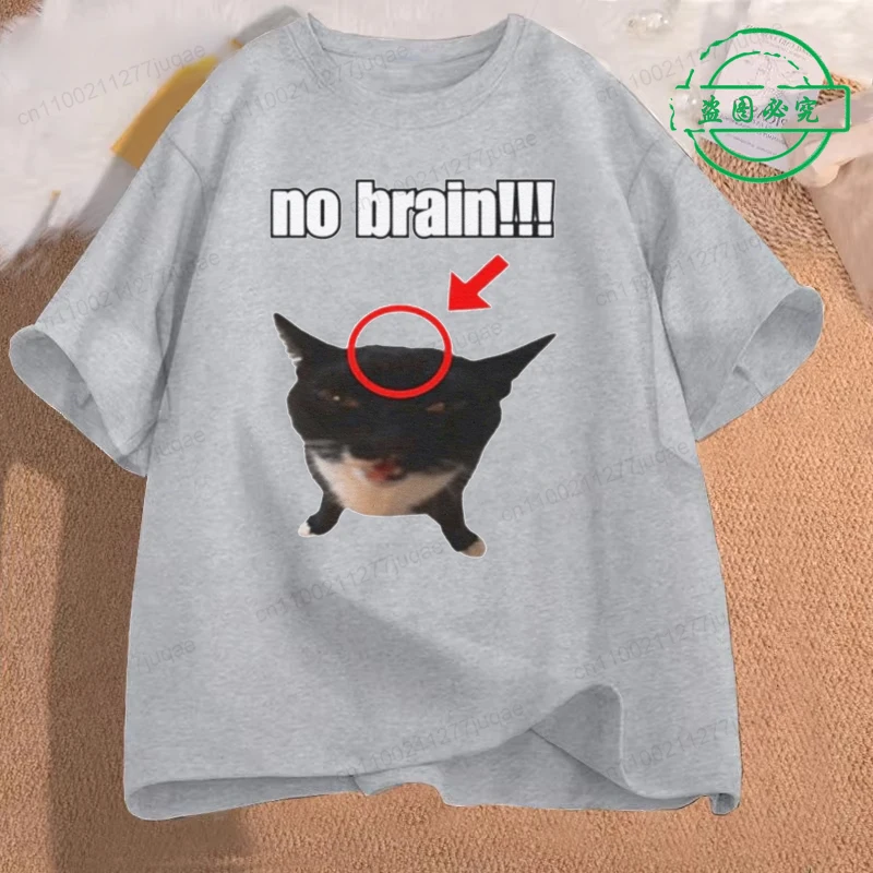 Cat No Brain Graphic Print T Shirts Men Women Joke Humor Cute Kawaii Meme Funny T-shirts Fashion Casual Summer Tees Short Sleeve