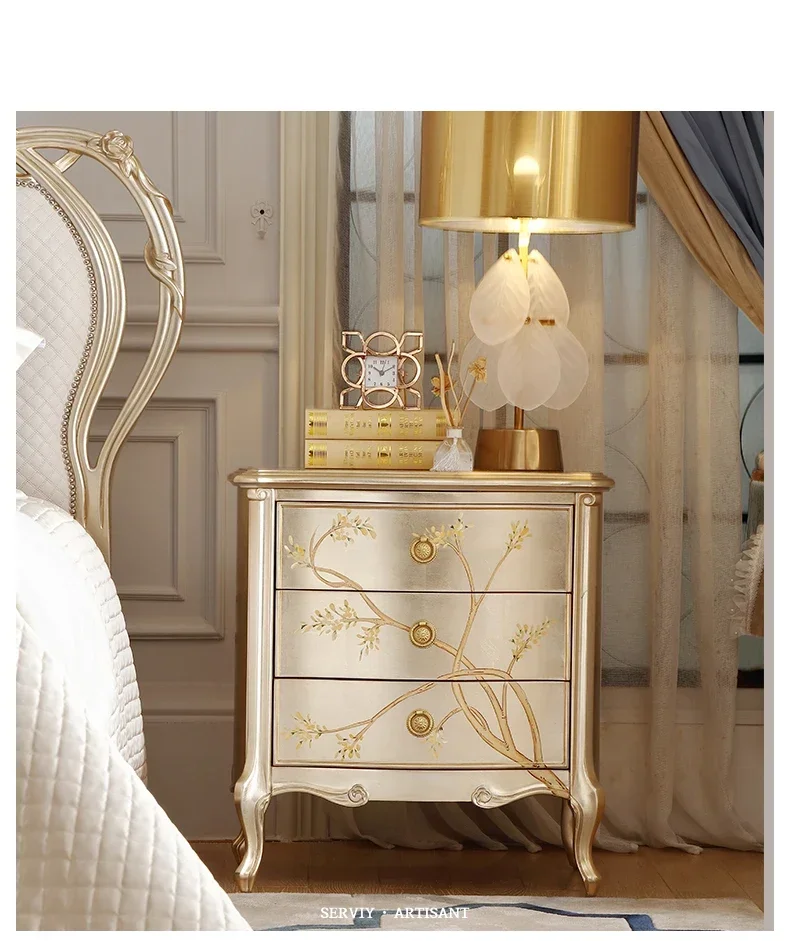 High-quality solid wood carving flower bedside table European court villa hand painted master bedroom reliable