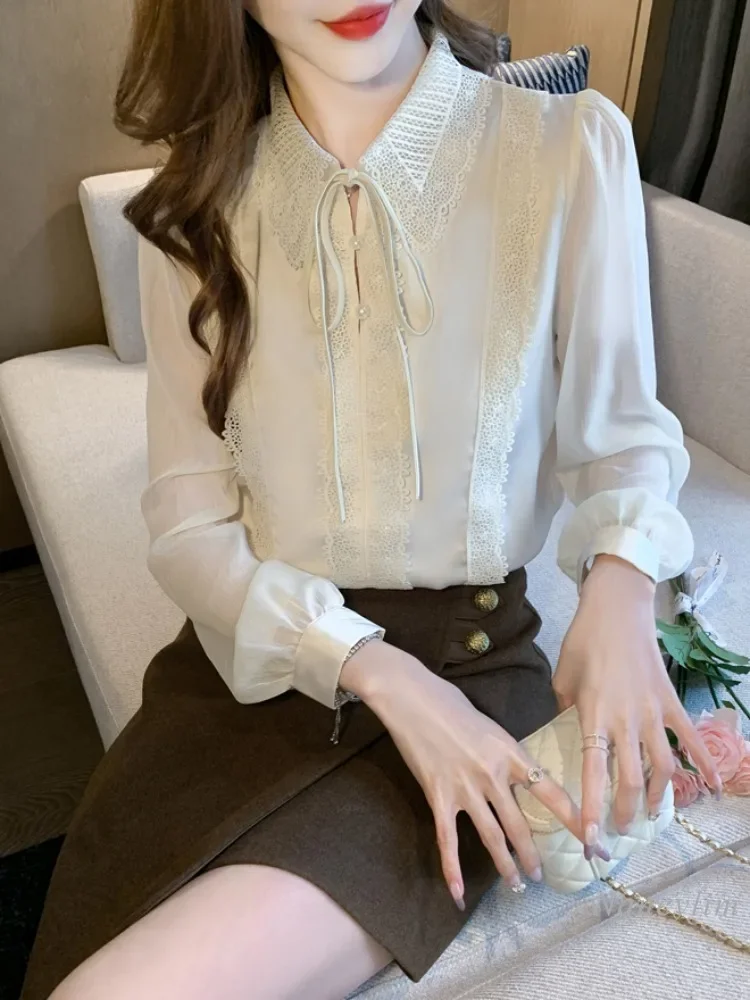 Camicetta in Chiffon a maniche lunghe con colletto a bambola camicia autunnale da donna 2024 nuovo temperamento superiore in pizzo europeo di fascia alta bella Blusas