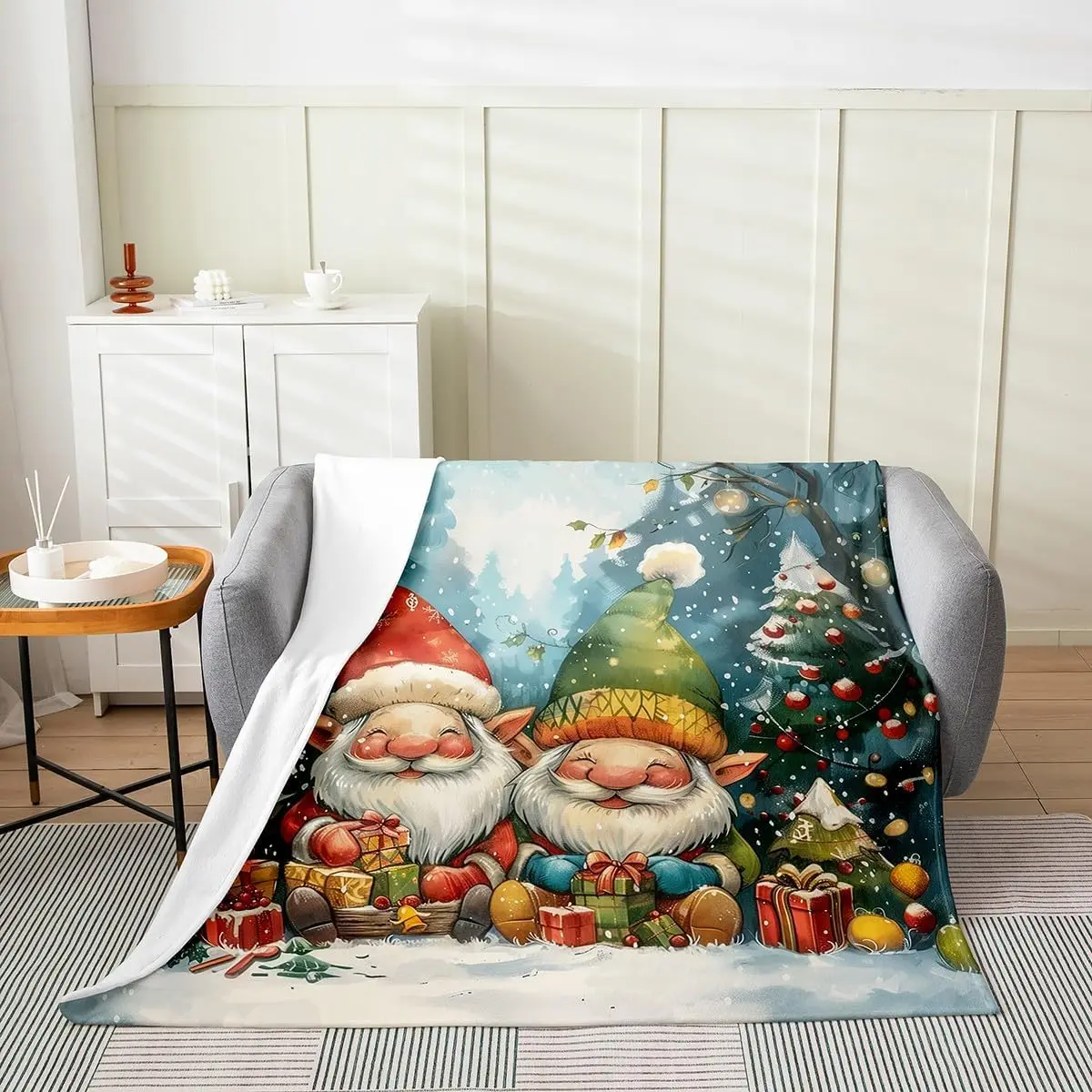 Merry Christmas Kids Flannel Blanket Xmas Cute Gnome Pine Print Fleece Throw Blanket Polyester Soft Cozy Cartoon Dwarf Happy