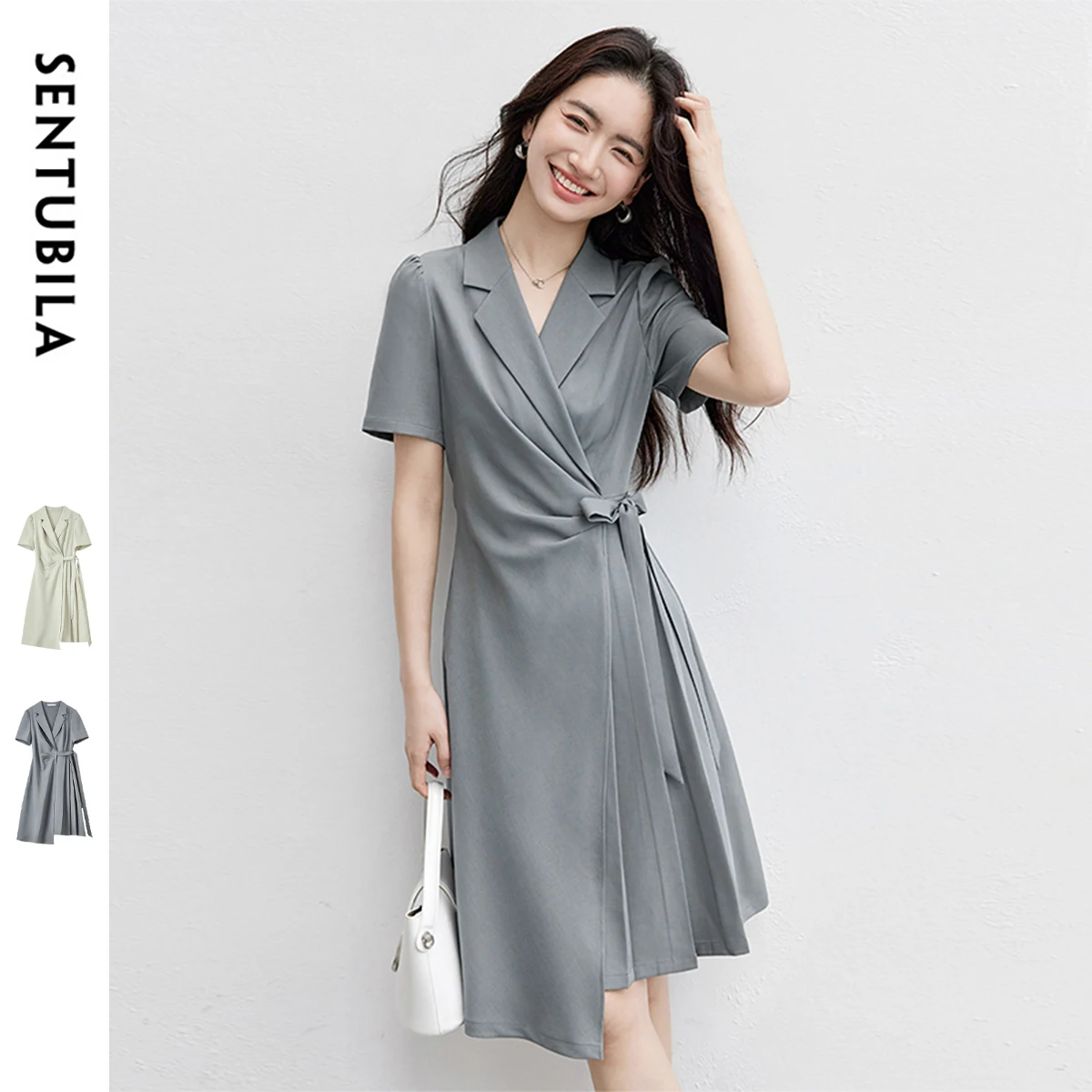 

SENTUBILA Summer Dress 2025 Woman Workplace Commut Puff Sleeves Irregular Hem Laced Waist Cincher Pleated Midi Dresses Q52LC0189