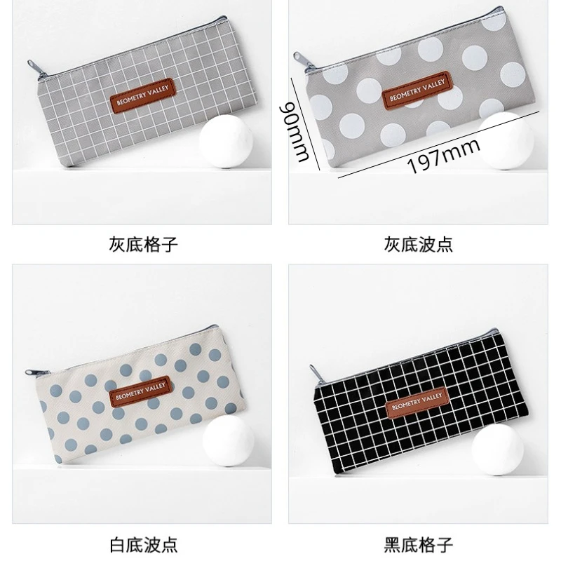 Korean Simple Art Grid Dot Canvas Pencil Case Portable Large Capacity Pen Bag Cute Student Stationery Back To School Supplies