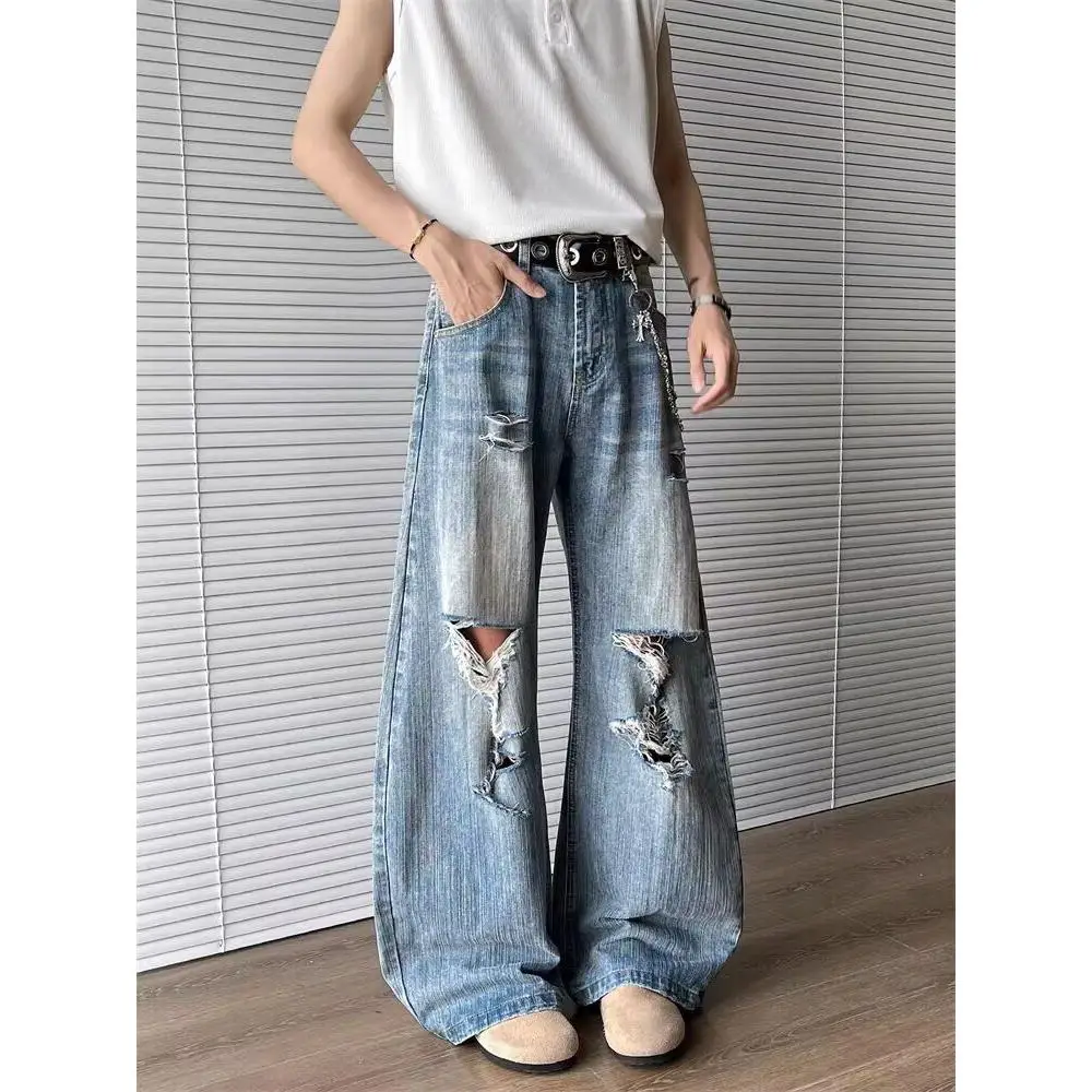 

Washed Distressed Men's Jeans American Street Style Spring Autumn Loose Straight Leg High Street Long Pants Casual Cotton Pol...