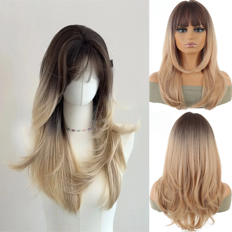 

【 Siamese Cat 】 High-end blonde gradient black long straight hair, air bangs, simulated hair set for women