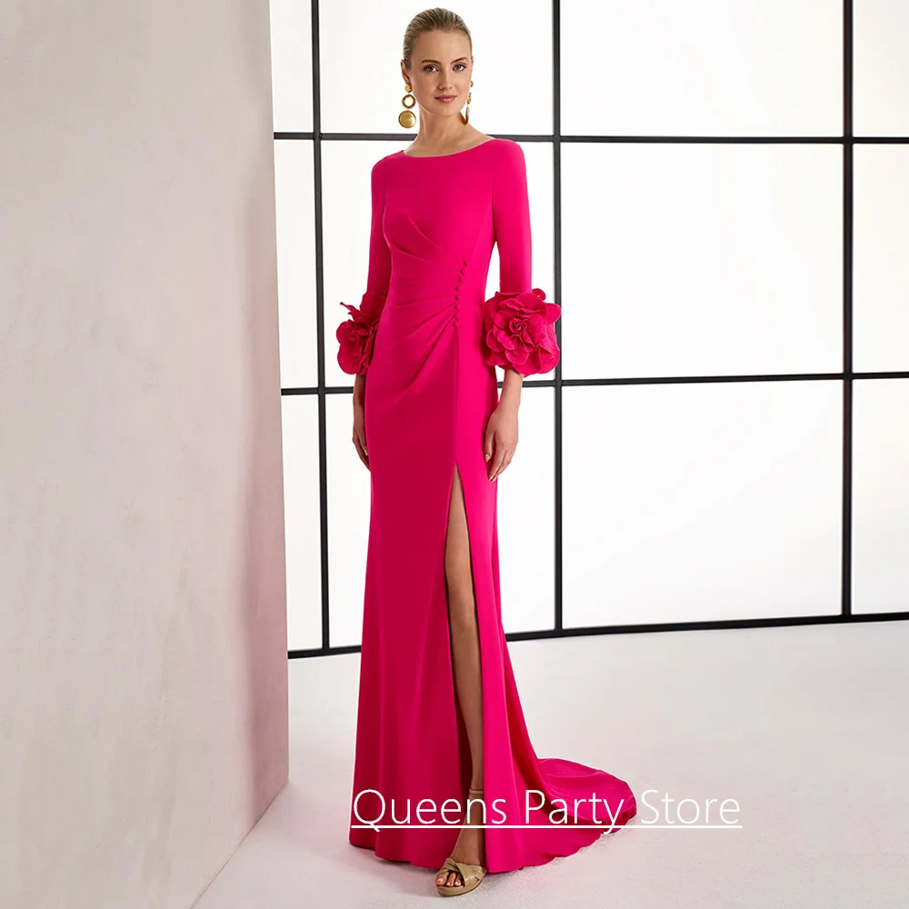 Modern Mermaid Mother of The Bride Dress Customized Scoop Neck Flowers Long Sleeve Slit Pleat Sweep Train Guest Party Gown