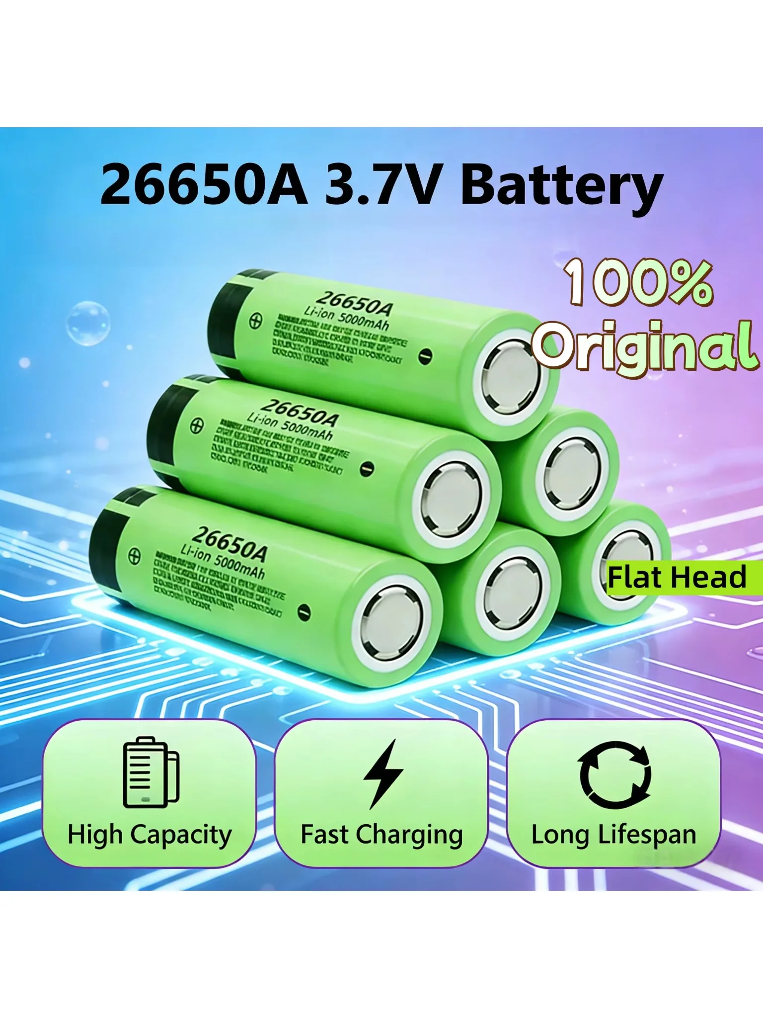 26650A, bateria 3,7 V, 5000 mAh, wysoka pojemność, bateria 26650, 20 A, bateria litowo-jonowa, akumulator do ładowania, do zabawek i latarki. (10PCS and Charger) — Zdjęcie 2 z 2