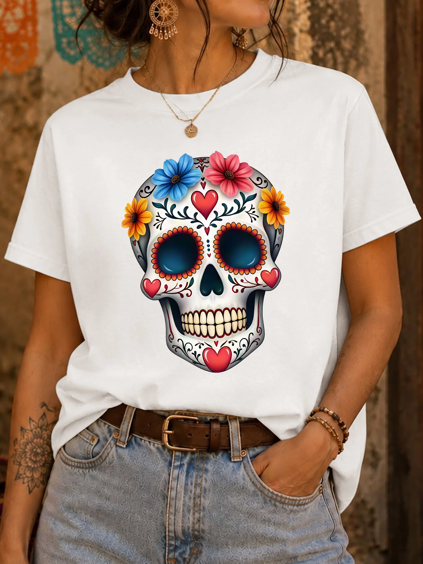 Floral Sugar Skull Heart Decor Womens Crew Neck Short Sleeve T Shirt Mexican Day Of The Dead Graphic Tees For Ladies Daily Wear