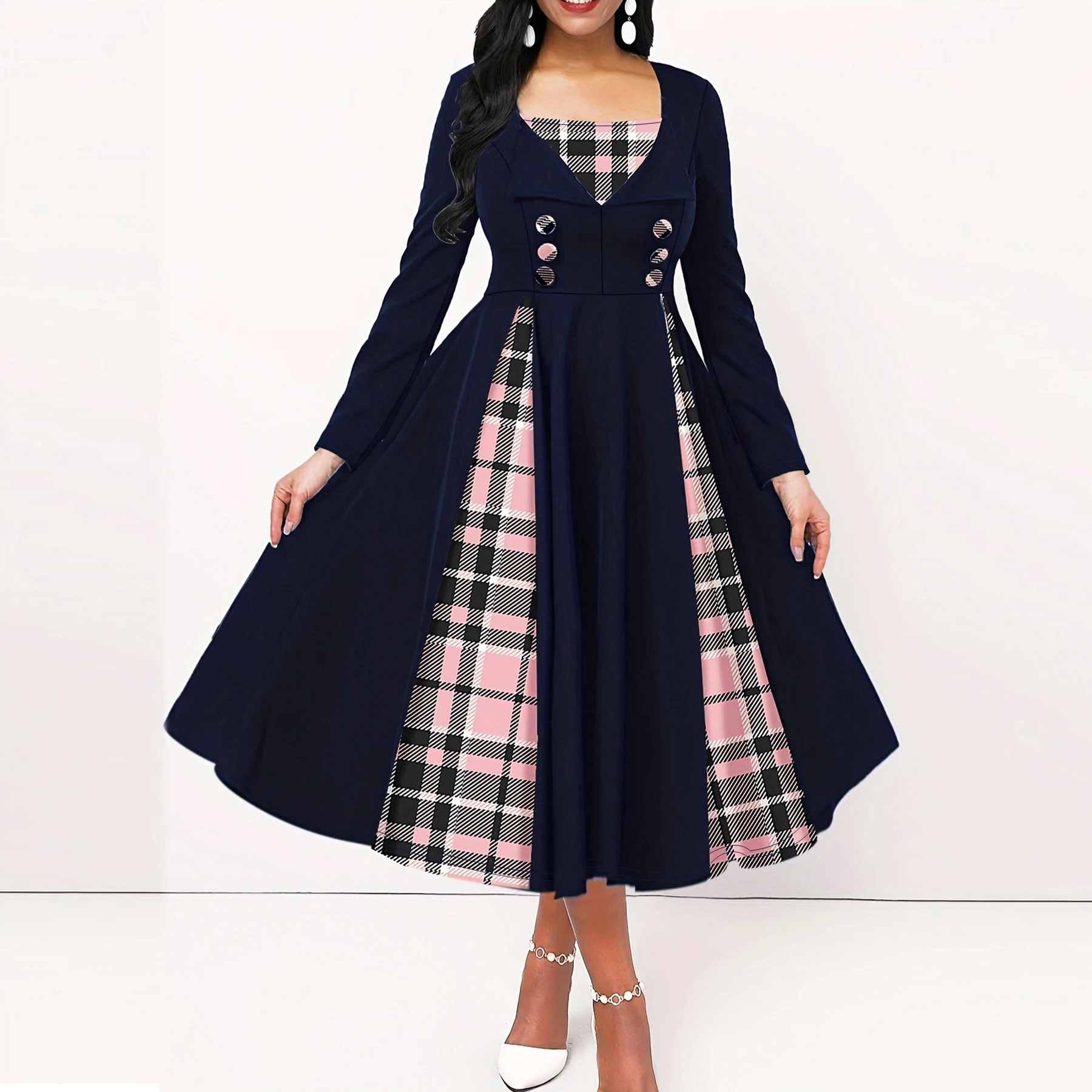 Plus Size Plaid Print Dress, Casual Long Sleeve Square Neck Dress For Spring, Women\'s Plus Size Clothing