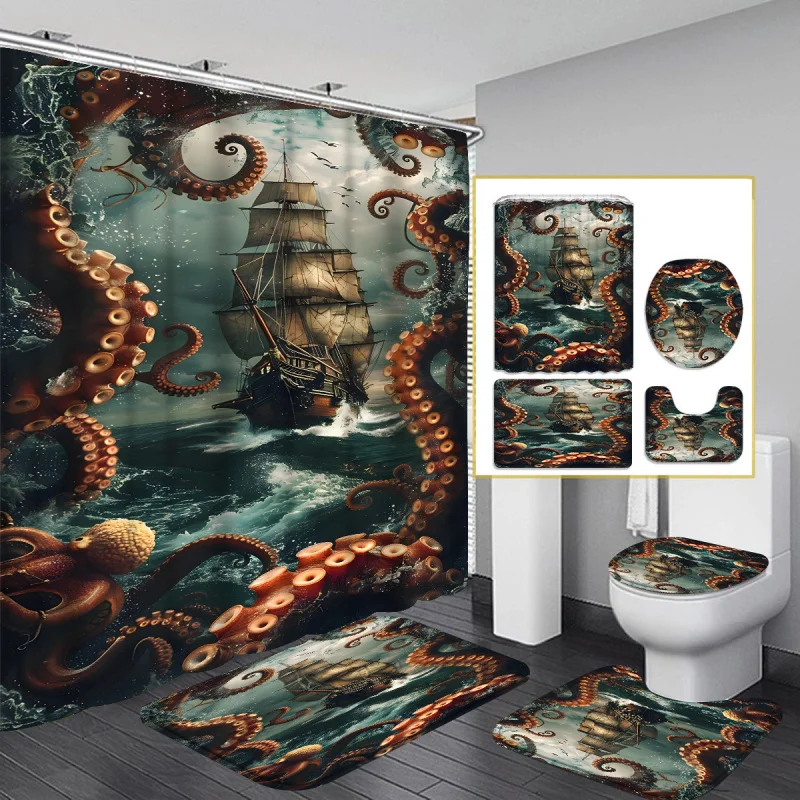 4pcs Nautical Octopus, Multi-color Background Pattern Shower Curtain, Modern Bathroom Decoration, Waterproof Fabric Shower C