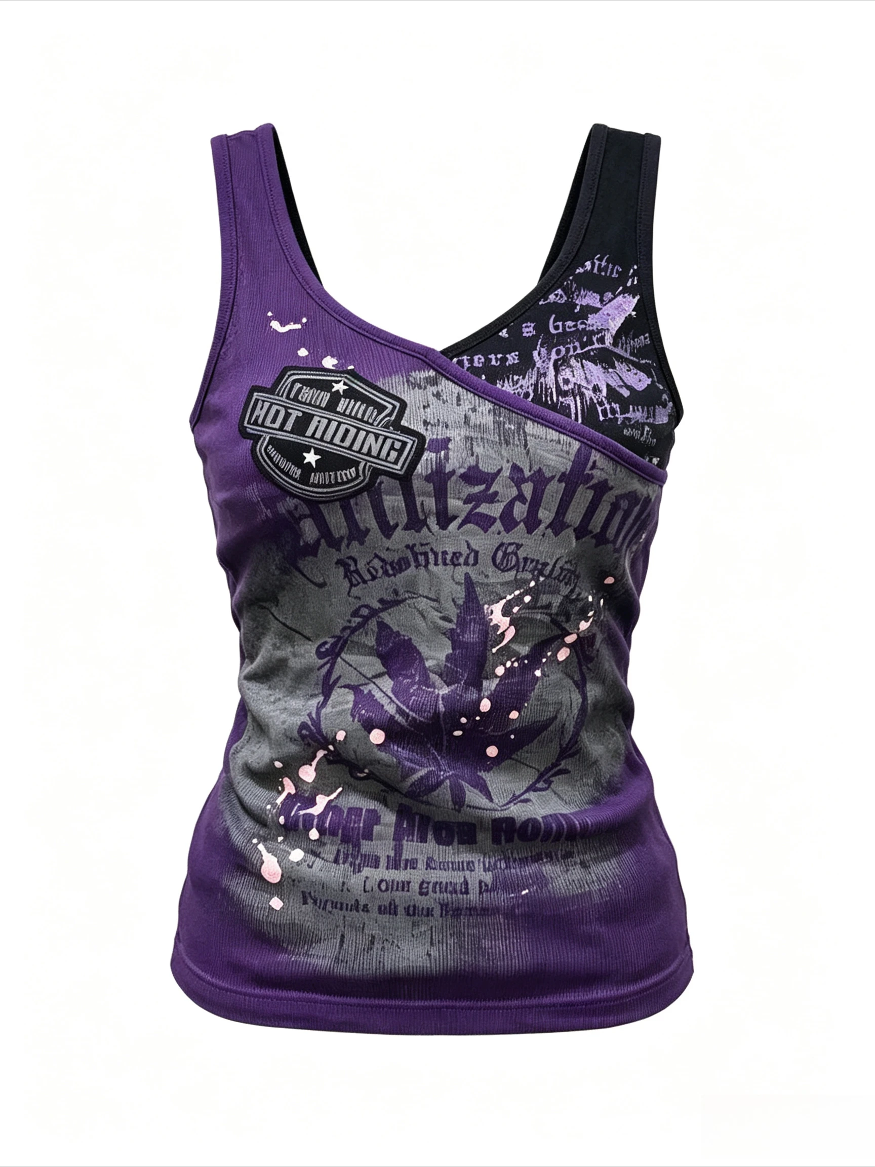 Neck Cami Tank Top Purple Black Contrast Tone Mock Two Piece Inner Strap Design Ink Splatter Letter Sleeveless Street Tank Top